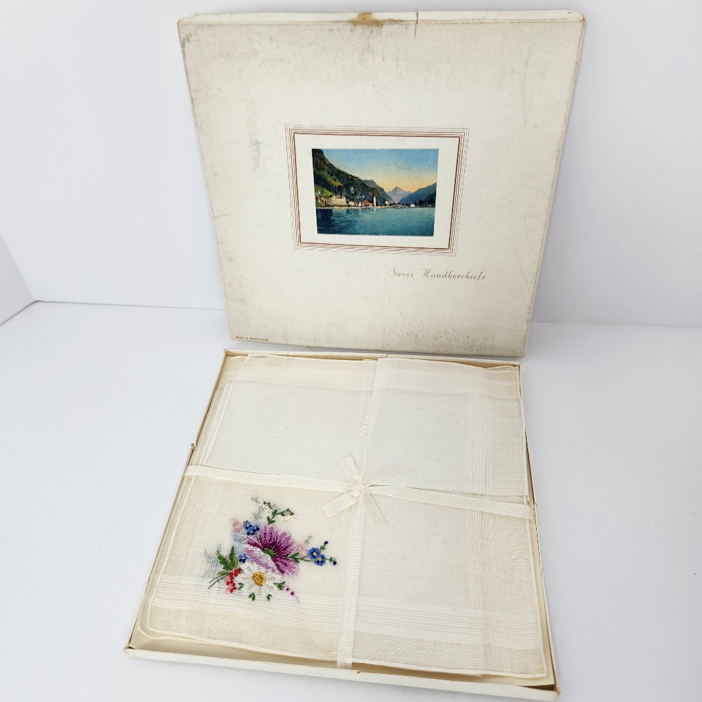 Vinatage Embroidered Floral Handkerchief Made In Switzerland